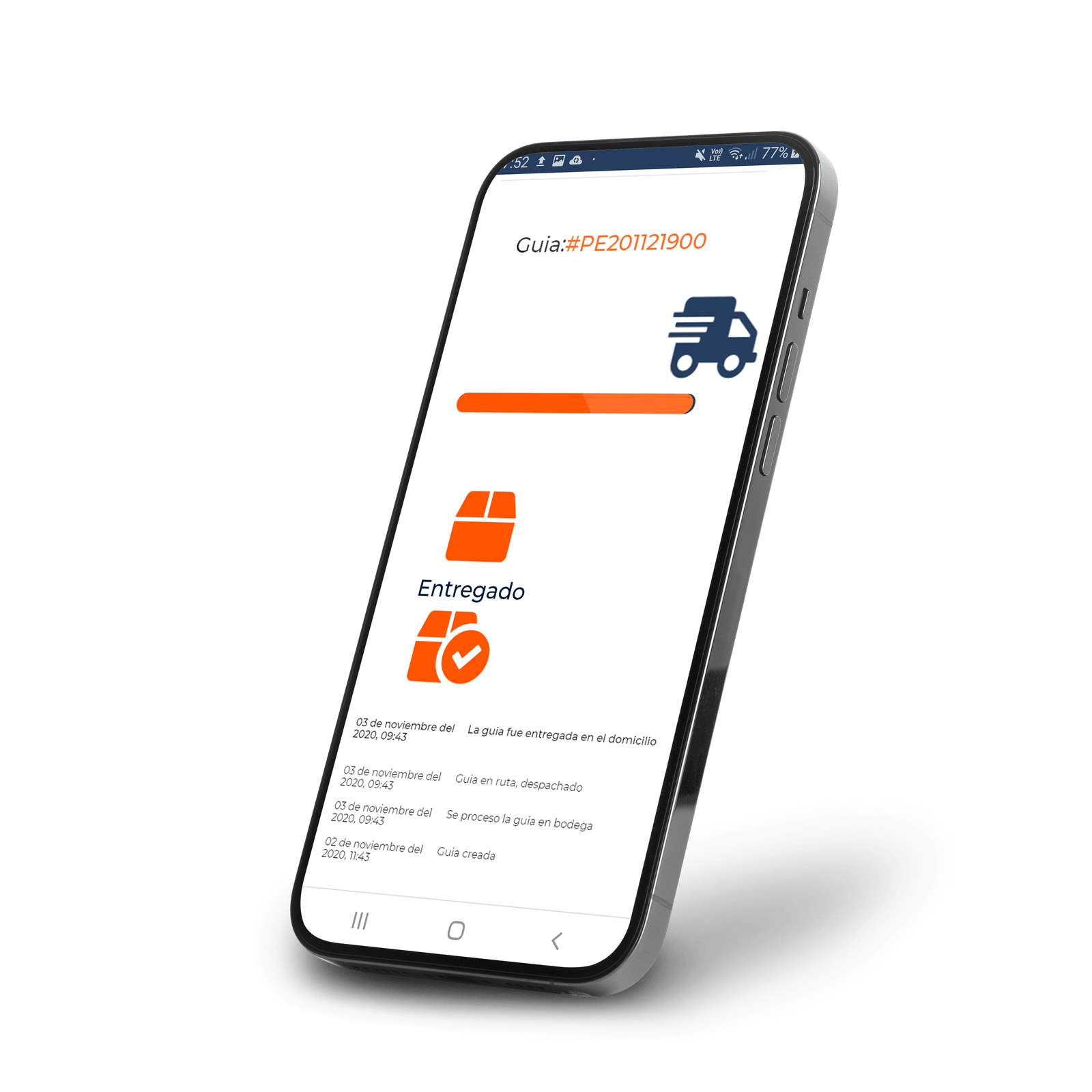 App de rastreo de guías de Pack Express mostrando el estado de un envío