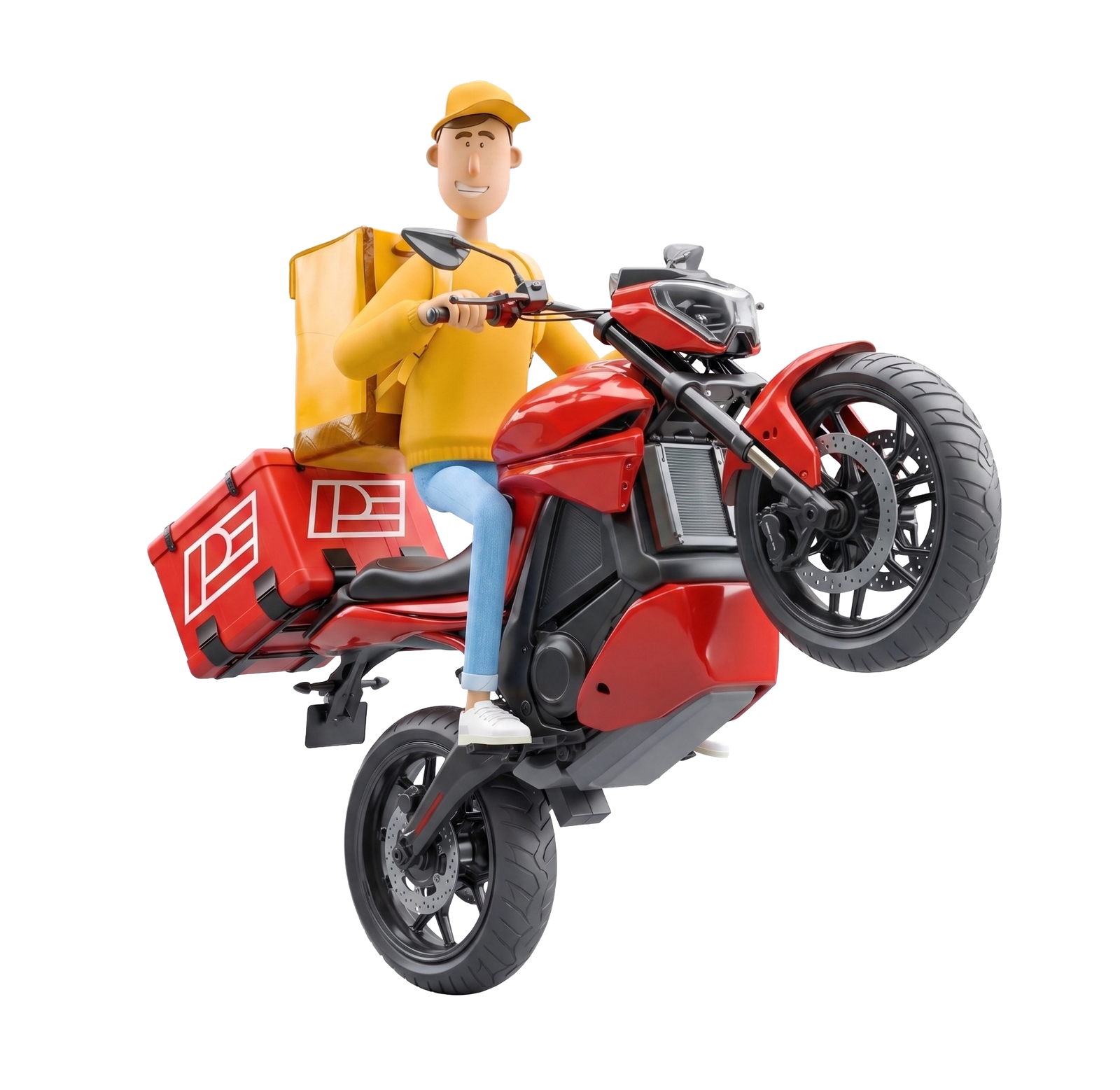 Mensajero de Pack Express en motocicleta con caja de reparto