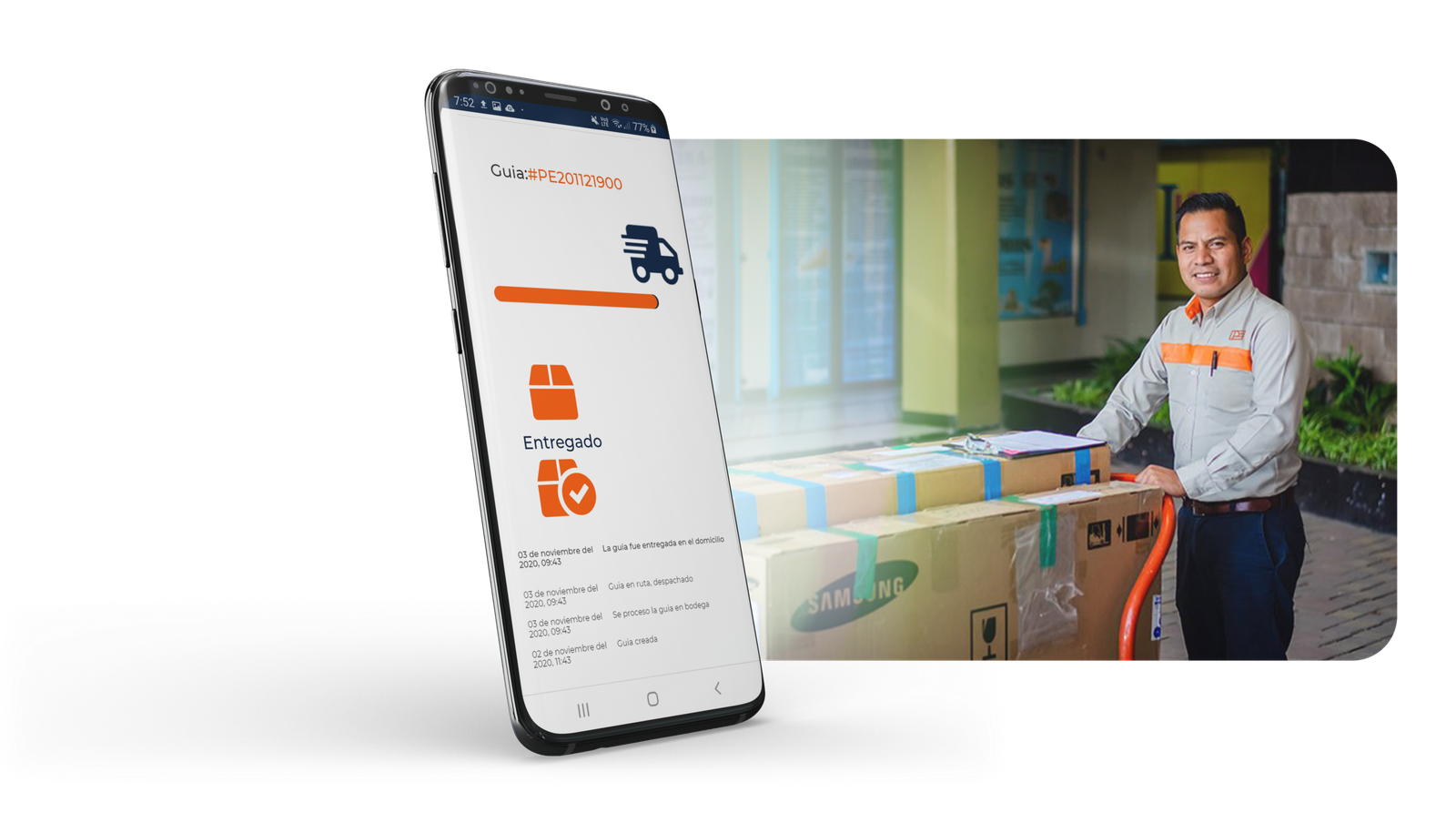 App de rastreo de guías de Pack Express junto a un colaborador entregando paquetes